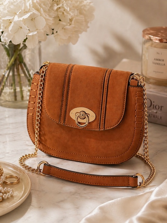 LC Lauren Conrad Handbags - LC LAUREN CONRAD Macaron Saddle Tan Crossbody Bag | Stitched Faux Leather
